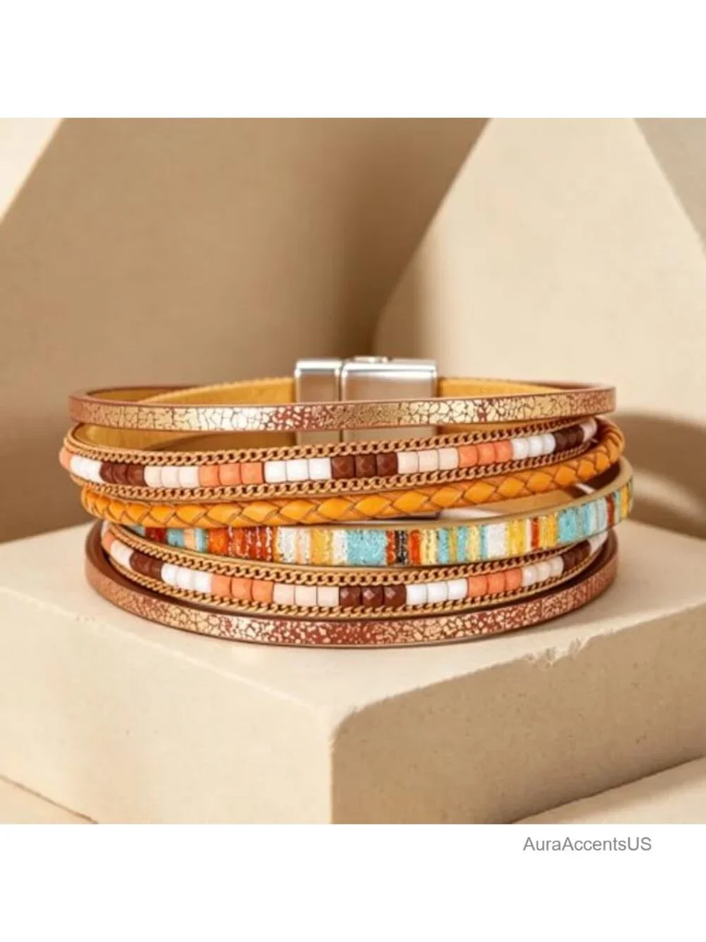 Faux Leather Wrap Bracelet Women Boho Layered Cuff Clasp